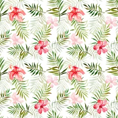 Fototapeten Seamless pattern with watercolor with tropical flowers and leaves. © inna72