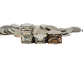 Money Thai baht stack of coins isolated on white background, Concept of financial, Saving concept