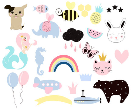 Set of cute kids elements for your design. Vector collection hand drawn illustrations.