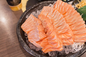 Salmon sashimi in Japanese style fresh serve on ice