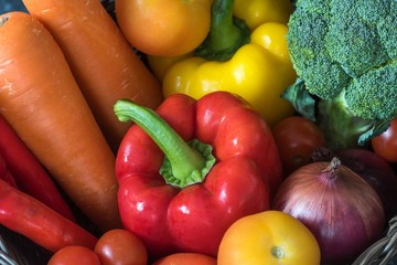 Sweet red peppers with group of vegetables.Healthy food