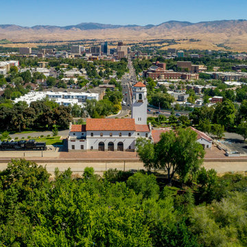 Unique view of Boise Idaho with train depot and trees