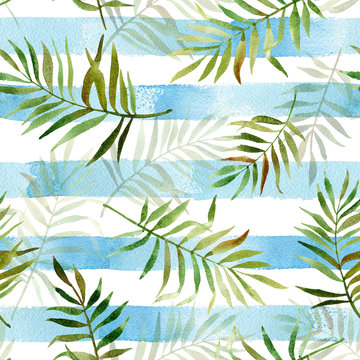 Seamless pattern with watercolor tropical leaves on striped background.