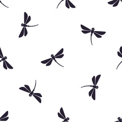 Seamless vector illustration. Pattern with silhouettes of flying dragonfly with curved body on white background - obrazy, fototapety, plakaty