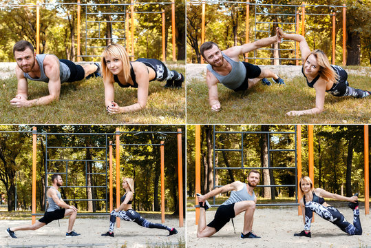 Collection of a pictures of a Sporty blonde girl and bearded man is warming up before training in a park outdoor. Concept of a healthy lifestyle, losing weight.