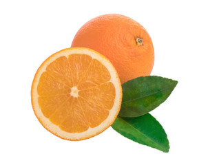 Isolated oranges. Group of fresh orange fruits with leaves
