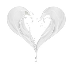 Splashes of milk in the shape of a heart, isolated on white background