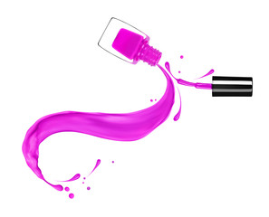 Splashes of purple nail polish pour out of the bottle, isolated on white background