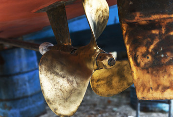Golden colored a brass made boat propeller and ship rudder © pirke