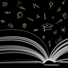 A black and white image of open book on black background. Close-up image of  double-page spread with icon school supplies and education icons. Concept of gaining knowledge, education