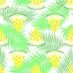 cological natural jungle pattern with yellow triangle slices of yellow watermelon and palm leaves. Seamless hot summer seasonal background. Tropical hawaiian party poster, wrapping, invitation