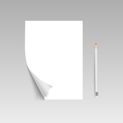 White page curl on empty sheet paper with shadow and pen.   Vector