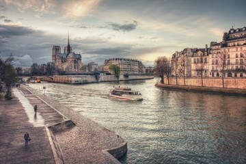 Obraz premium Tourist ship and Notre-Dame on Ile de la Cite