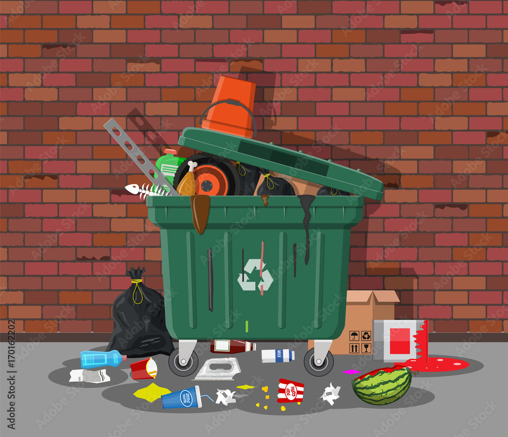 Poster garbage bin full of trash. overflowing container