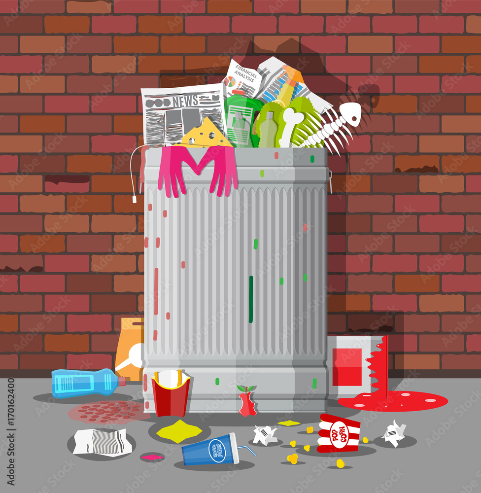 Poster garbage bin full of trash. overflowing container