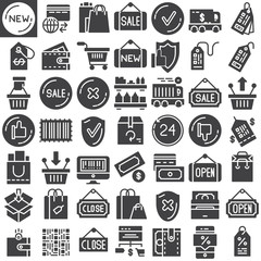 Shopping vector icons set, modern solid symbol collection, filled pictogram pack. Signs, logo illustration. Set includes icons as shopping bag, credit card, sale tags, shopping cart,bar code