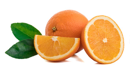 Isolated oranges. Group of fresh orange fruits with leaves