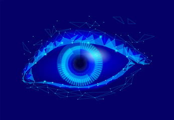 Human android cyborg eye futuristic control protection personal internet security access.Concept robot dna system, future scientific technology innovation science. Blue polygonal vector