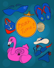 Vector Banner of Beach Time. Illustration of Swimming Season on Blue Background. Set of Flamingo, Shell, Swimwear, Flip-Flop, Hat, Sunglasses and Handbag