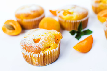 Apricot muffins with fresh fruit on white