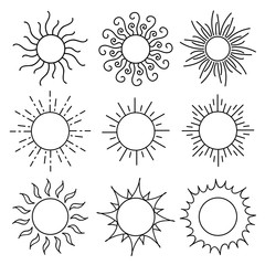 Cute Vector suns isolated on white background. Hand drawn set.