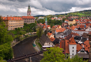 Fototapeta premium The roofs of the old Czech Krumlov. View of the city from a bird's eye view. Czech Republic.