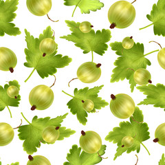 Beautiful seamless pattern with realistic green gooseberry on a white background. Seamless pattern with 3d mesh green gooseberry. Vector illustration.