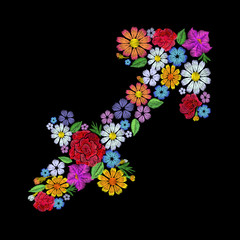 Sagittarius zodiac sign flower arrangement. Horoscope astrology fashion floral embroidery patch design template. Texture stitch effect. Textile print on black background vector illustration