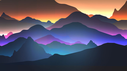 Fototapeta na wymiar Sunset or Dawn Over the Mountains Landscape - Vector Illustration