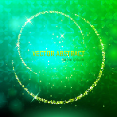 Abstract background with green luminous backdrop and lens flares, and glowing reflections. 3D abstract green mesh background with circles, lens flares and glowing reflections. Vector illustration.