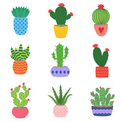Cactus and succulent plants in pots. Illustration set of hand drawn cacti and succulents growing in cute little pots.