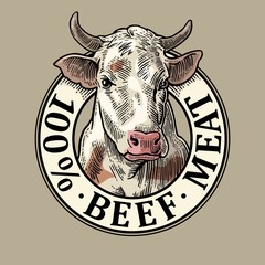Cows head. 100 % beef meat lettering. Vintage vector engraving