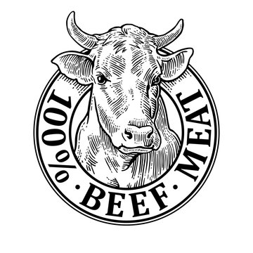 Cows head. 100 % beef meat lettering. Vintage vector engraving