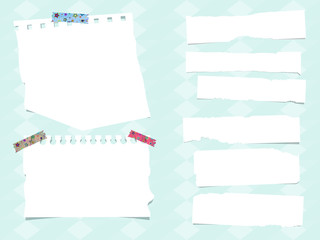 Set of various ripped vector note papers on light blue background  - 170166693