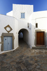 White architecture of Chora village on Patmos island in Greece.
