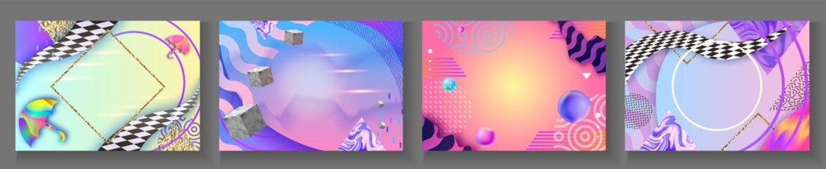 Autumn abstract hipster color composition in trendy 90s style with umbrella, geometric shapes, fluid and liguid texture, futuristic bright background, template for banner, poster, vector illustration