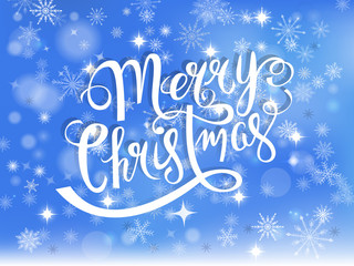 Naklejka na ściany i meble Merry Christmas hand drawn lettering over winter holiday background vector illustration. 