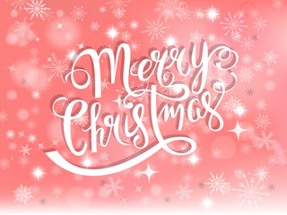 Merry Christmas hand drawn lettering over winter holiday background vector illustration. 