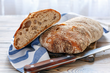 Homemade ciabatta with whole grain rye flour for sourdough. - obrazy, fototapety, plakaty