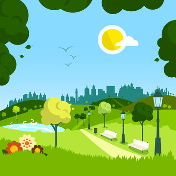 Nature. Vector Empty Landscape with City on Background.