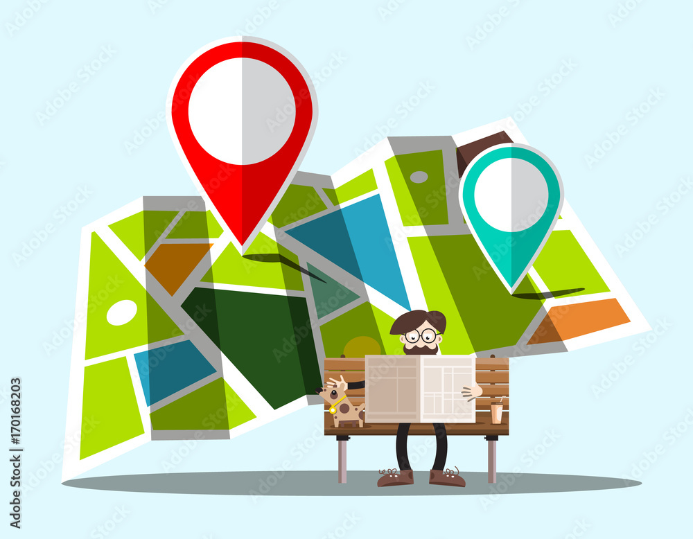 Poster navigation map with pins and man on bench - vector