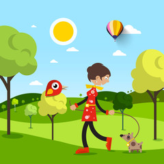 Woman with Dog in Park. Vector Natural Scene with Animals.
