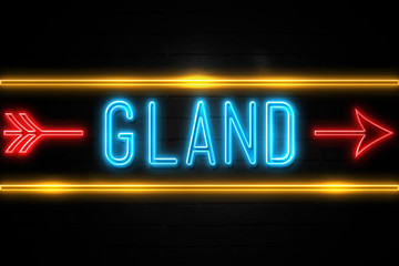 Gland  - fluorescent Neon Sign on brickwall Front view