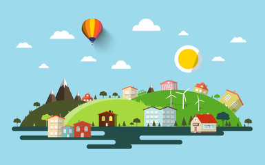 Abstract Flat Design Natural Scene. Vector Town or Village. Urban Illustration with Mountains and Hills.