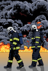 Obraz premium Firefighters and a Big Fire in the Background - Detailed Illustration, Vector
