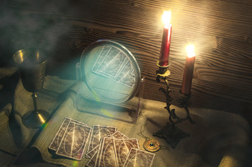 Tarot cards on fortune teller table. Call spirits.