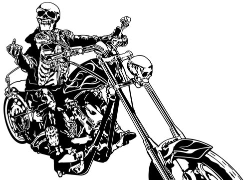 Fototapeta Skeleton Rider On Chopper - Black and White Hand Drawn Illustration, Vector