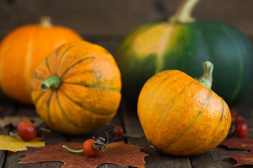 Autumn pumpkins with leaves.