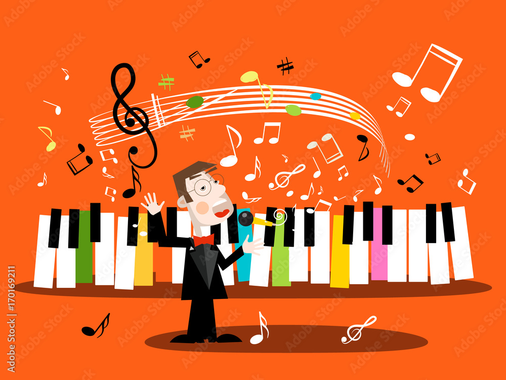 Poster man singing song with piano keyboard and notes. vector singer and music staff.