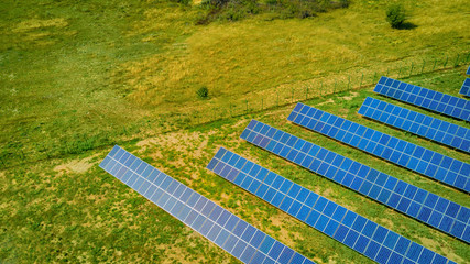 Aerial view of Solar panels. Photovoltaic power supply systems. Solar power plant. The source of ecological renewable energy.